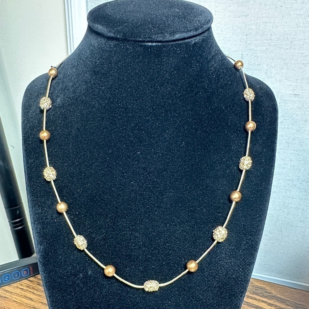 Monet Gold-tone Snake Chain Necklace With Copper Colored‎ Beads 16-18" Signed